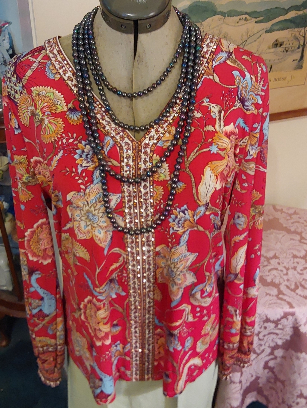 NWT JM Collections Red Rhinestones Floral Top, Size Large, Long Sleeves